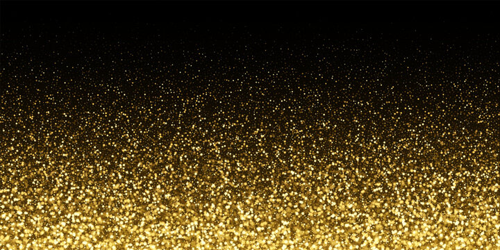 Gold glitter confetti on black background. Shiny glowing particles concentrated at bottom with fading effect toward top. Festive vector illustration for luxury celebration and elegant event design.