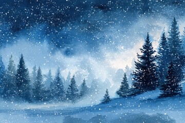 Fototapeta premium A serene winter landscape showcases pine trees blanketed in snow as gentle flakes fall from a dark blue sky. This hand-painted scene captures the tranquil essence of a nighttime Christmas wonderland.