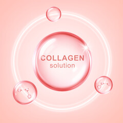 Pink collagen drop with molecular structure. Beauty and skincare concept. Vector illustration