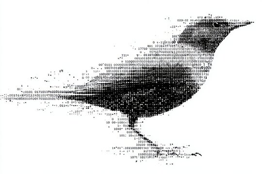 A striking bird silhouette crafted from binary code, featuring bold lines and high contrast against a white background. Ideal for modern logo designs or tech-inspired apparel.