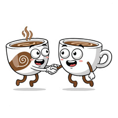 Two Coffee Cups Cartoon Characters Shaking Hands