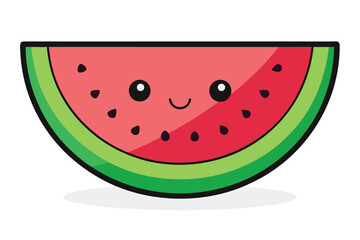 Adorable watermelon slice with a cute smiling face and tiny black seeds shines brightly