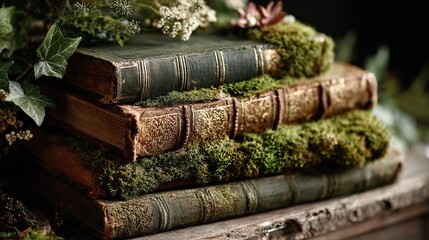 Fototapeta premium Antique books with moss and foliage create a stunning vintage aesthetic perfect for storytelling and creative projects