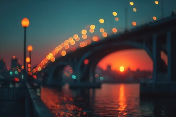 Dramatic sunset colors over Manhattan bridge at twilight, New York City with colorful sky reflecting on the water