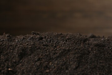 Pile of fresh soil against blurred background, closeup