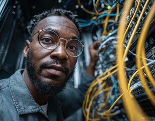 A black male network engineer works diligently on a server in a bustling data center, surrounded by yellow cables. His focused expression reflects dedication and professionalism.