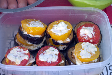 Fried eggplant with tomato slices seasoned with mayonnaise