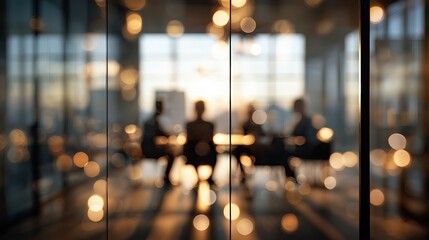 Abstract, defocused view of business people in a modern office meeting room during sunset, featuring warm bokeh lights and reflections on glass.