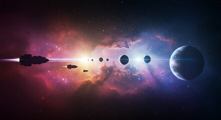 Fototapeta premium Space Travel Scene with Spaceships and Planets in Colorful Nebula