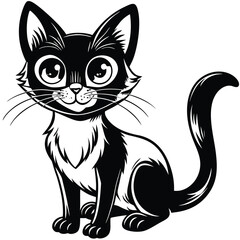 This black and white cartoon vector illustration of a cute black cat is a funny art design featuring a playful kitten character