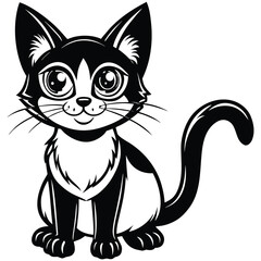 Black and white cartoon drawing of a cute domestic kitten or feline pet illustration sitting