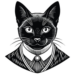 Cute black cat vector illustration on a white background, a funny domestic animal design with big eyes