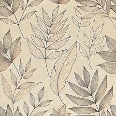 Seamless Tropical Leaf Line Art Pattern – Minimal Hand-Drawn Vector Design on Beige Background 02