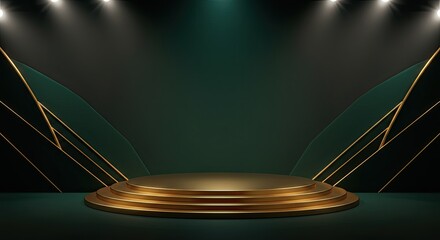 Elegant golden podium stage on a dark green background with spot lights for product presentation