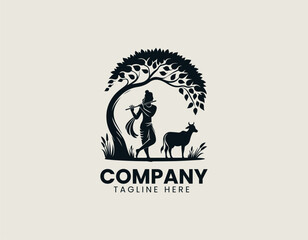 Fototapeta premium Stylized Hindu deity Krishna silhouette vector illustration playing flute under tree with cow. Religious art concept