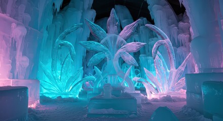 Ice sculptures illuminated with blue and pink lights in a dark ice cave environment setting