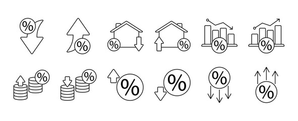 Low and high interest rate icon set. Percentage, growth, decline, mortgage, loan and finance symbols with up and down arrows for banking and economy. Solid vector icons collection.