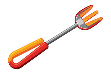 A stylized serving fork with a gray handle and orange and red accents appears