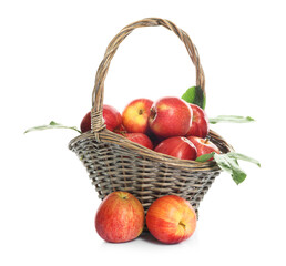 Fresh apples in wicker basket and green leaves isolated on white