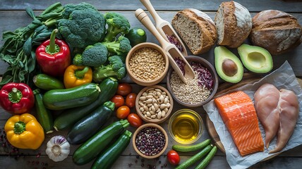 Overhead view of healthy food ingredients including vegetables fish chicken and grains fruits protein