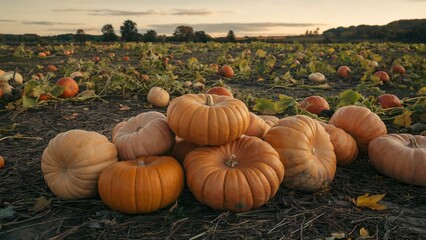 Pile of Orange Pumpkins in Field at Sunset pumpkin patch autumn