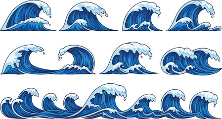 Fototapeta premium A collection of stylized ocean wave illustrations, showcasing powerful sea surf, surging tides, and foaming crests in a vector format
