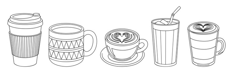 Black and white line drawing of different coffee cups, including latte art and decorative mugs, minimalist style with clean lines, precise details, isolated on transparent background