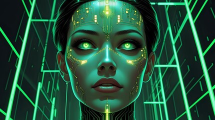 Cybernetic Ascension: The Digital Gaze of a Sentient AI Goddess in a Neon Matrix