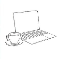 A minimalist line drawing of a laptop and a coffee cup on a saucer. The laptop is open, showcasing a blank screen. The scene conveys a workspace atmosphere.