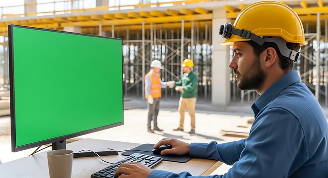 Construction worker using a computer with a green screen on a site. - Powered by Adobe