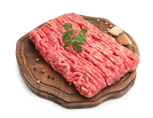 Raw minced meat with parsley and spices isolated on white