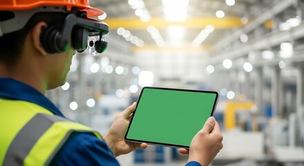 Engineer in AR headset and safety vest holding tablet with green screen in factory.