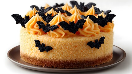 Spooky mini cake decorated with orange frosting and tiny black bats, perfect for Halloween party, isolated on white background