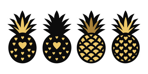 A row of four black pineapples with hearts and gold tops facing forward