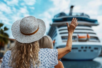 Joyful Elderly Couple Waving Goodbye from Dock as They Depart on Luxurious Cruise Vacation Adventure