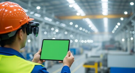 Engineer Using Augmented Reality Headset and Tablet in Modern Factory.