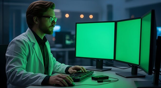 Man in lab coat working at computer with green screens.