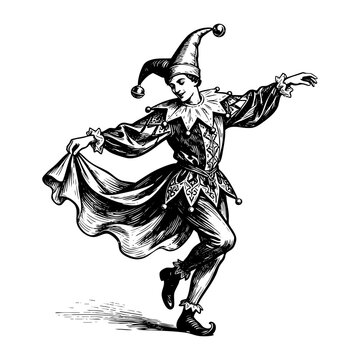 Court Jester Fool Figure Engraving Vector Illustration