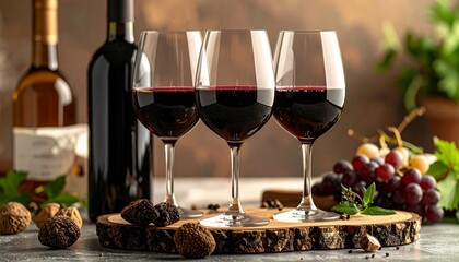 Elegant glasses filled with rich red wine, beautifully arranged with grapes and truffles on a rustic wooden serving board, perfect for wine tasting events and sophisticated celebrations