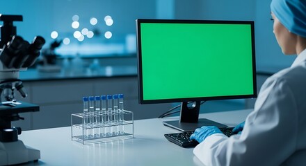 Scientist working in a laboratory with a computer and microscope.