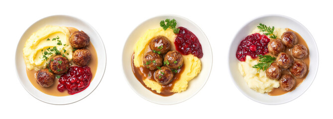 Delicious Swedish Meatballs with Mashed Potatoes and Lingonberry Sauce, presented in a clean top-down studio shot, perfect for culinary content, restaurant menus, and food blogs PNG set with transp...