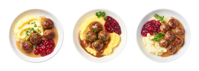 Delicious Swedish Meatballs with Mashed Potatoes and Lingonberry Sauce, presented in a clean top-down studio shot, perfect for culinary content, restaurant menus, and food blogs PNG set with transp...