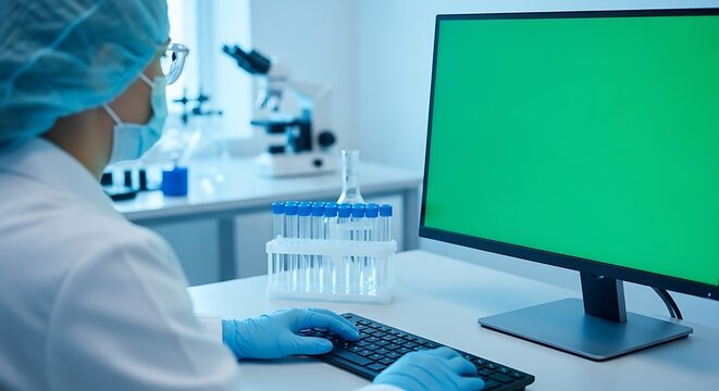 Scientist in PPE working on computer with green screen in laboratory.