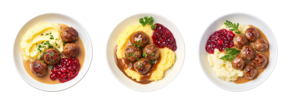 Delicious Swedish Meatballs with Mashed Potatoes and Lingonberry Sauce, presented in a clean top-down studio shot, perfect for culinary content, restaurant menus, and food blogs PNG set with transp...