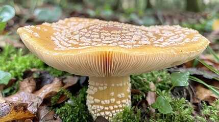 Fototapeta premium Amanita muscaria mushroom with yellow cap and white warts in forest.