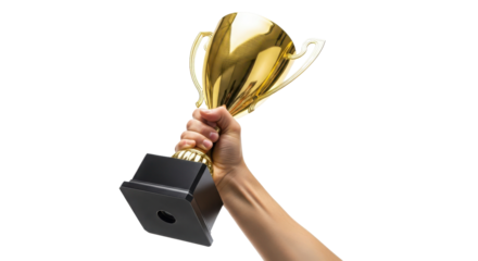 Hand holding a gold trophy cup to celebrate victory isolated PNG with Transparent Background