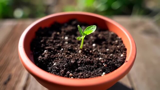A small green seedling sprouts from dark soil in a terracotta pot on a wooden surface outdoors