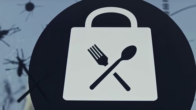 A white shopping bag icon with a crossed fork and spoon, set against a dark circular backdrop