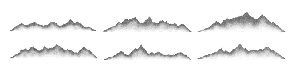 Grain noise stippled mountain range ridges terrain texture landscape vector illustration set. Grunge pointillism mountain range stipple landscape halftone effect shape sand texture.