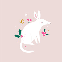 Cute Bilby Christmas Illustration, Australian Animal Holiday Card Design.